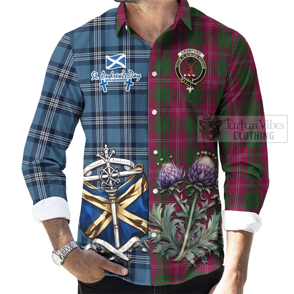 Tartan Vibes Clothing Crawford Tartan Long Sleeve Button Shirt Happy St. Andrew's Day Half Tartan Style