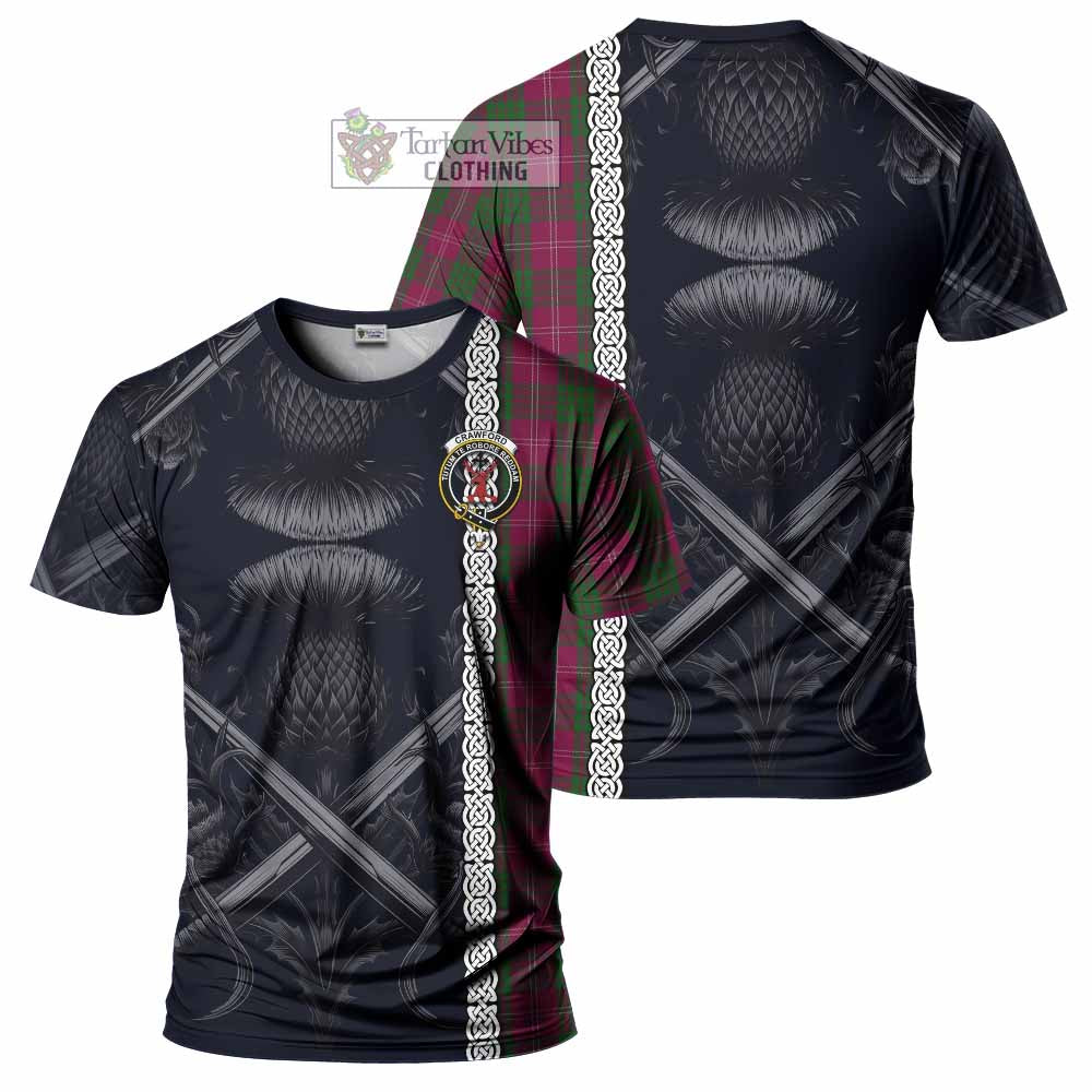 Tartan Vibes Clothing Crawford Tartan T-Shirt with Family Crest Cross Sword Thistle Celtic Vibes