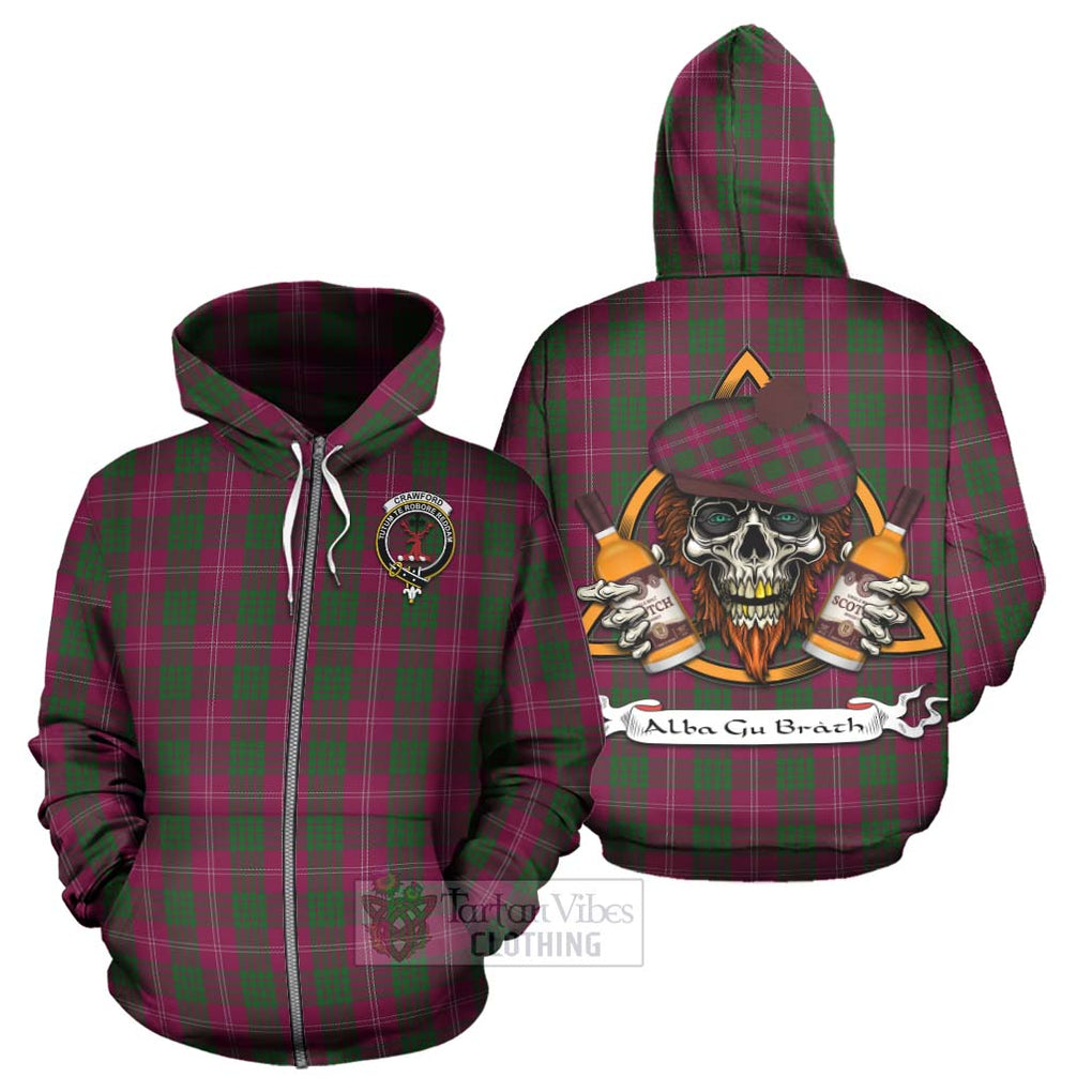 Tartan Vibes Clothing Crawford Tartan Hoodie with Family Crest and Bearded Skull Holding Bottles of Whiskey