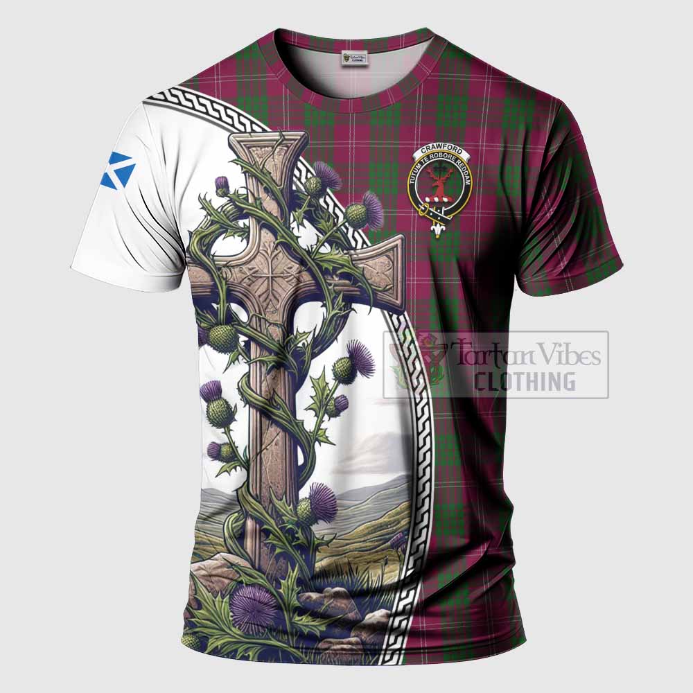 Tartan Vibes Clothing Crawford Agnew Tartan T-Shirt with Family Crest and St. Andrew's Cross Accented by Thistle Vines