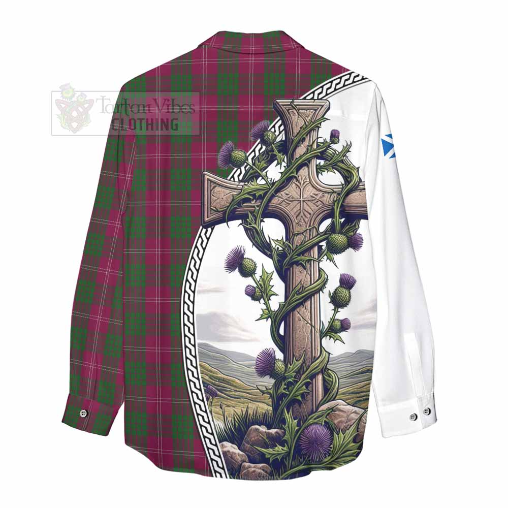 Tartan Vibes Clothing Crawford Tartan Women's Casual Shirt with Family Crest and St. Andrew's Cross Accented by Thistle Vines