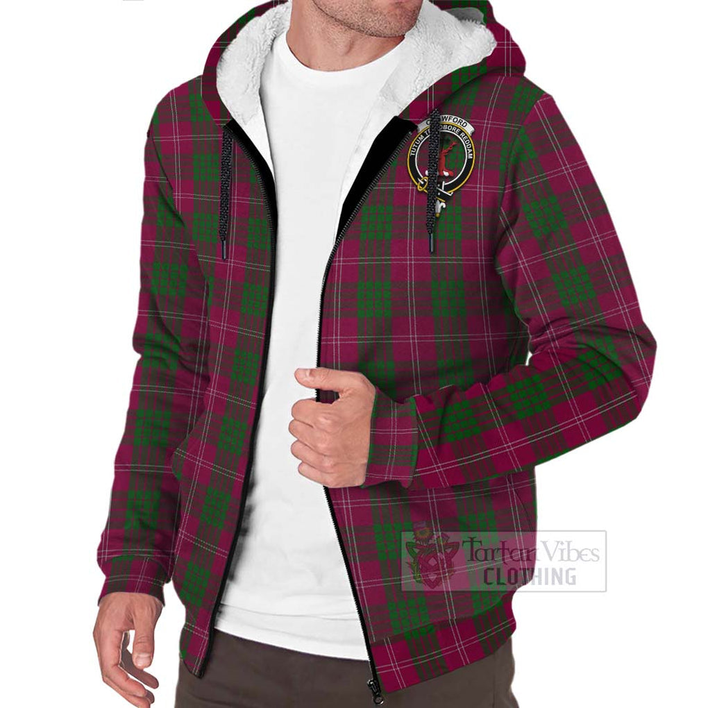 Tartan Vibes Clothing Crawford Tartan Sherpa Hoodie with Family Crest and Bearded Skull Holding Bottles of Whiskey