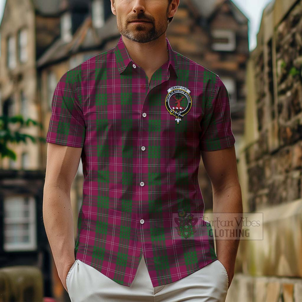 Tartan Vibes Clothing Crawford Tartan Short Sleeve Button Shirt with Family Crest Celtic Skull Style