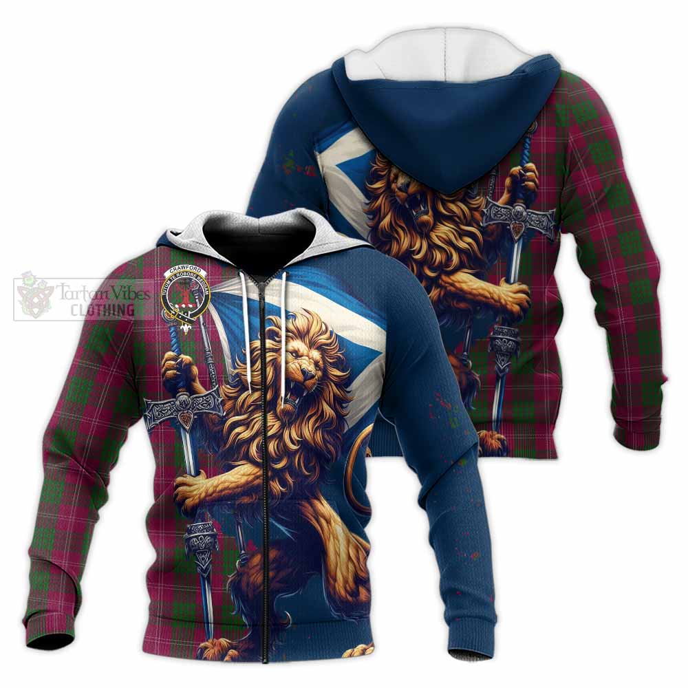 Tartan Vibes Clothing Crawford Tartan Family Crest Knitted Hoodie with Scottish Majestic Lion