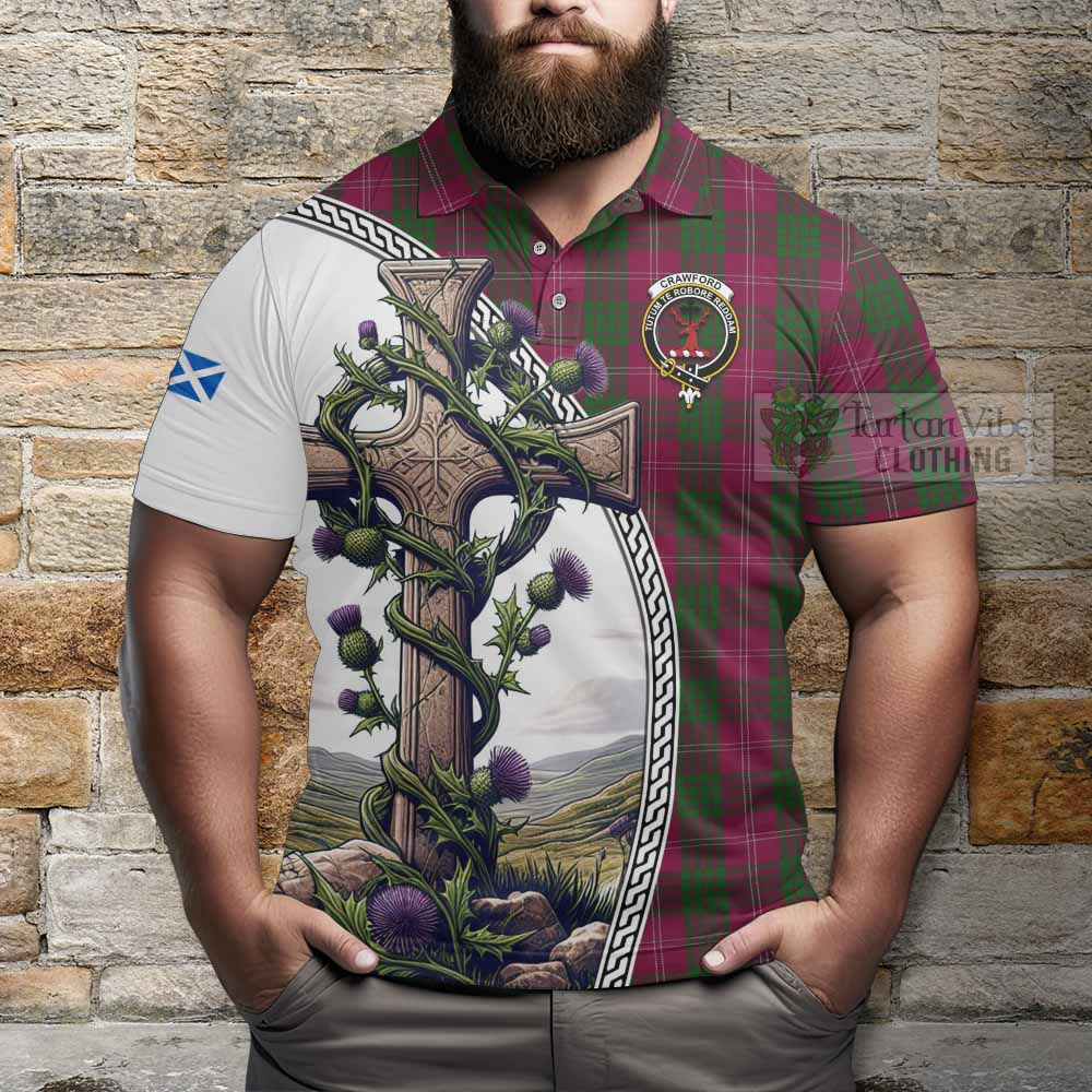 Tartan Vibes Clothing Crawford Tartan Polo Shirt with Family Crest and St. Andrew's Cross Accented by Thistle Vines