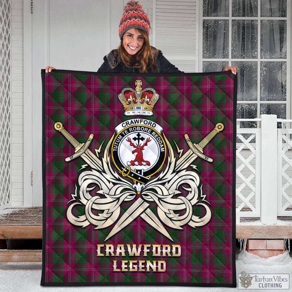 Tartan Vibes Clothing Crawford Tartan Quilt with Clan Crest and the Golden Sword of Courageous Legacy