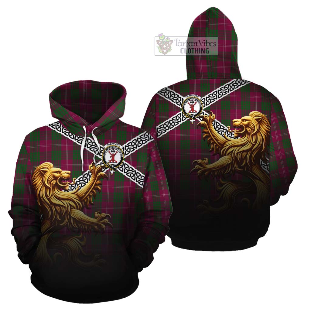 Crawford Crest Tartan Cotton Hoodie with Golden Lion Emblem Celtic Style - Tartan Vibes Clothing