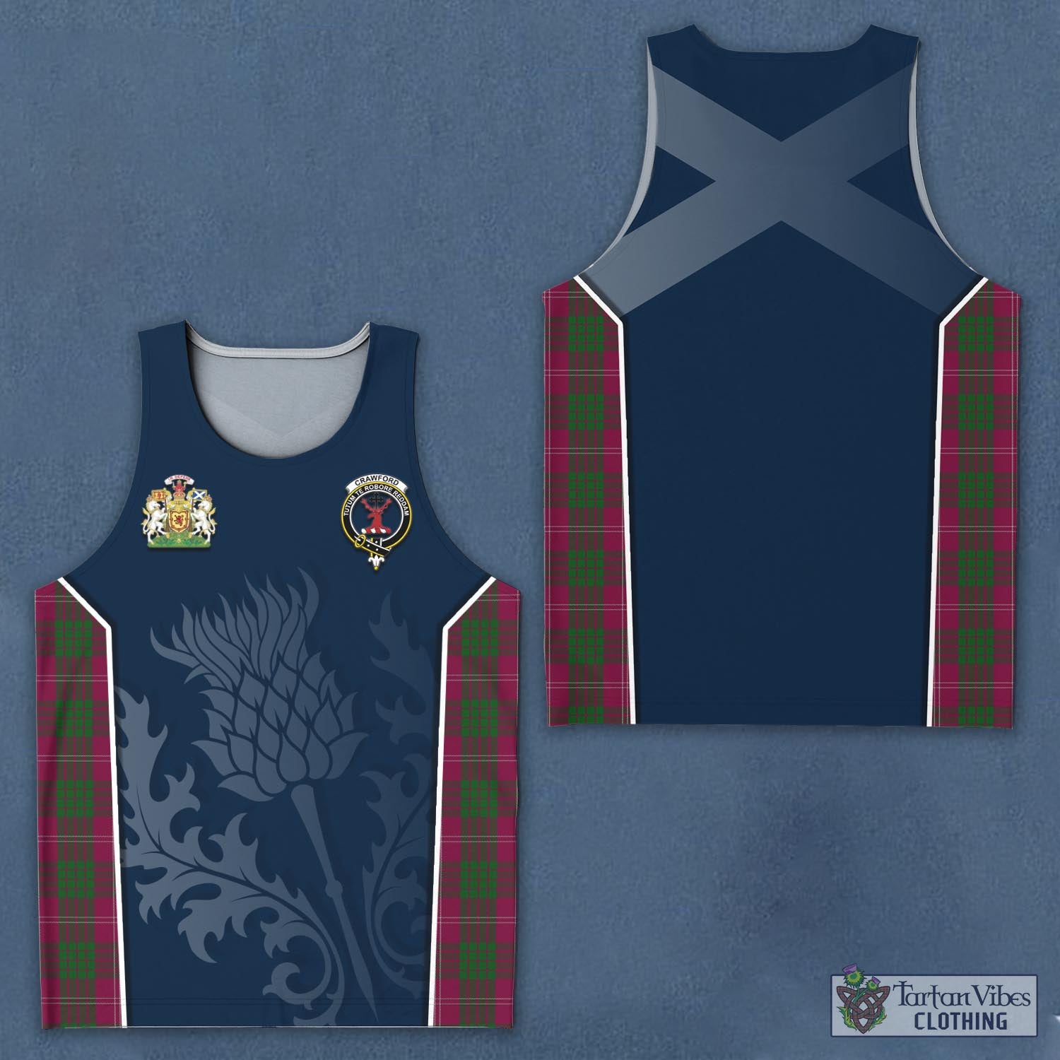 Tartan Vibes Clothing Crawford Tartan Men's Tanks Top with Family Crest and Scottish Thistle Vibes Sport Style