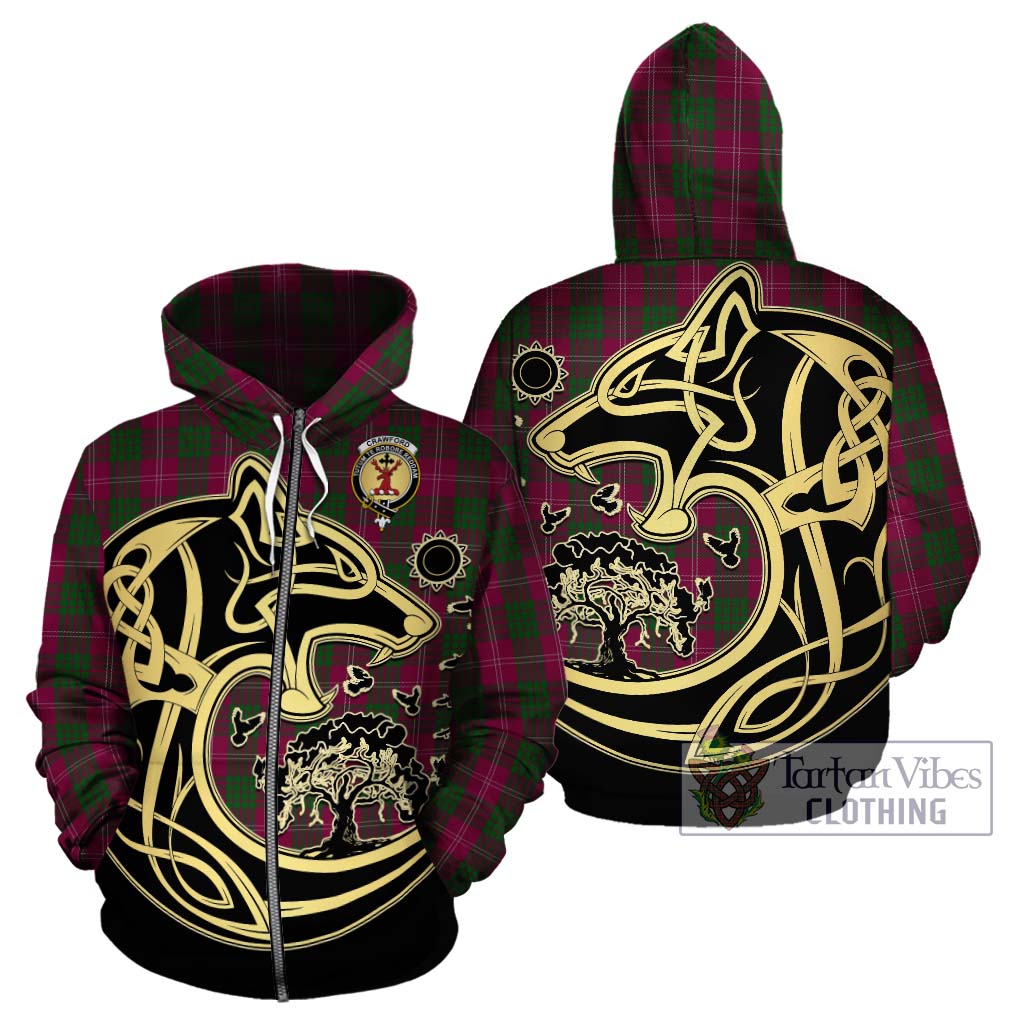 Tartan Vibes Clothing Crawford Tartan Hoodie with Family Crest Celtic Wolf Style