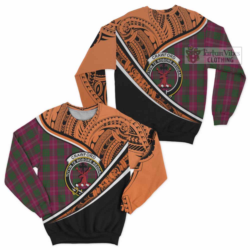 Tartan Vibes Clothing Crawford Crest Tartan Sweatshirt with Maori Tattoo Style - Orange Version