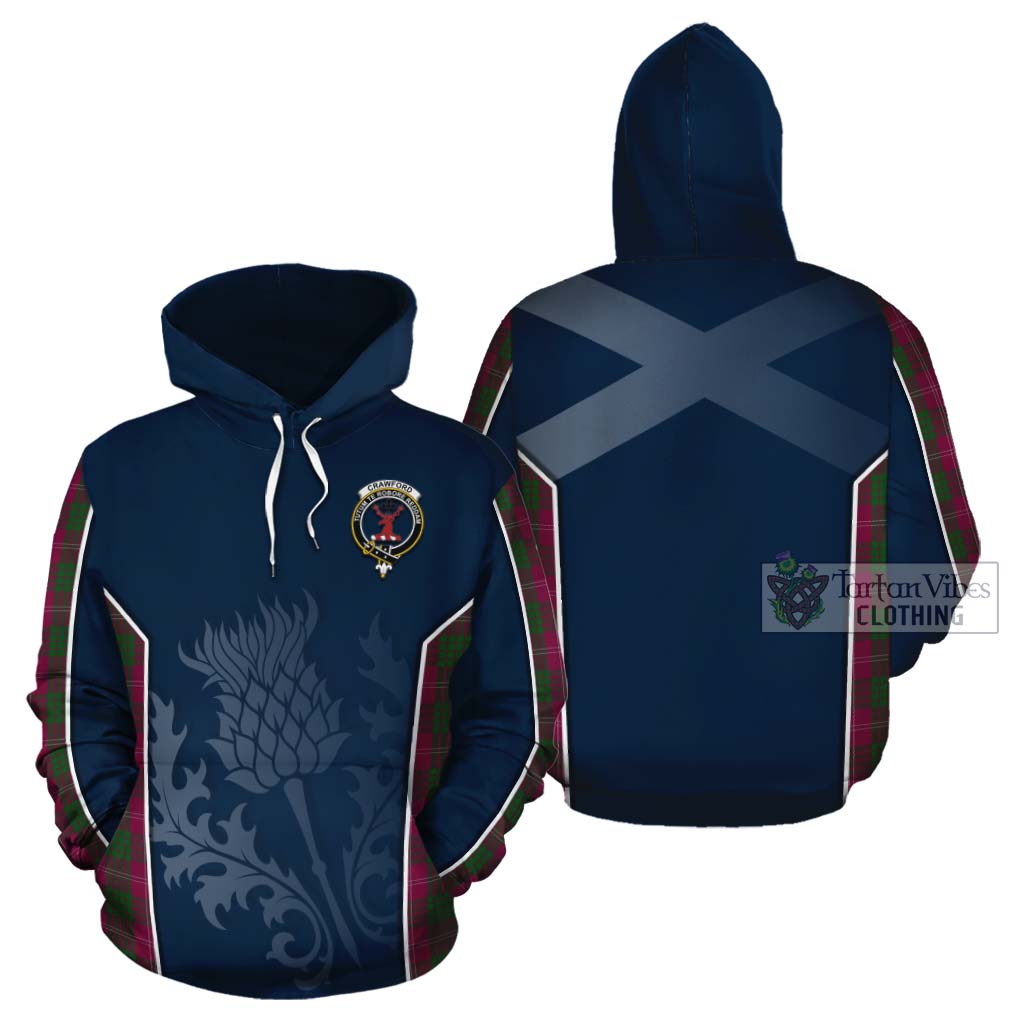 Tartan Vibes Clothing Crawford Tartan Cotton Hoodie with Family Crest and Scottish Thistle Vibes Sport Style