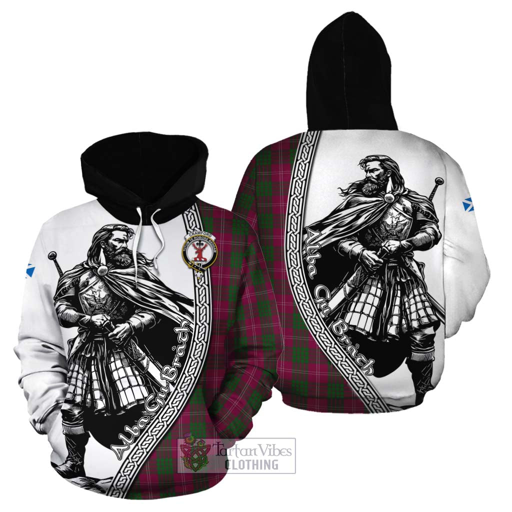 Tartan Vibes Clothing Crawford Tartan Clan Crest Cotton Hoodie with Highlander Warrior Celtic Style