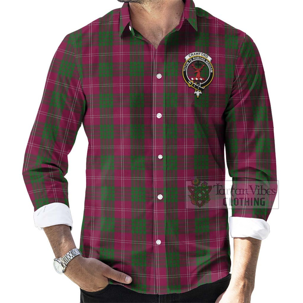 Tartan Vibes Clothing Crawford Tartan Long Sleeve Button Shirt with Family Crest and Bearded Skull Holding Bottles of Whiskey