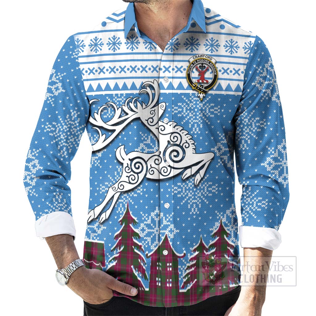 Tartan Vibes Clothing Crawford Clan Christmas Long Sleeve Button Shirt Celtic Reindeer Style