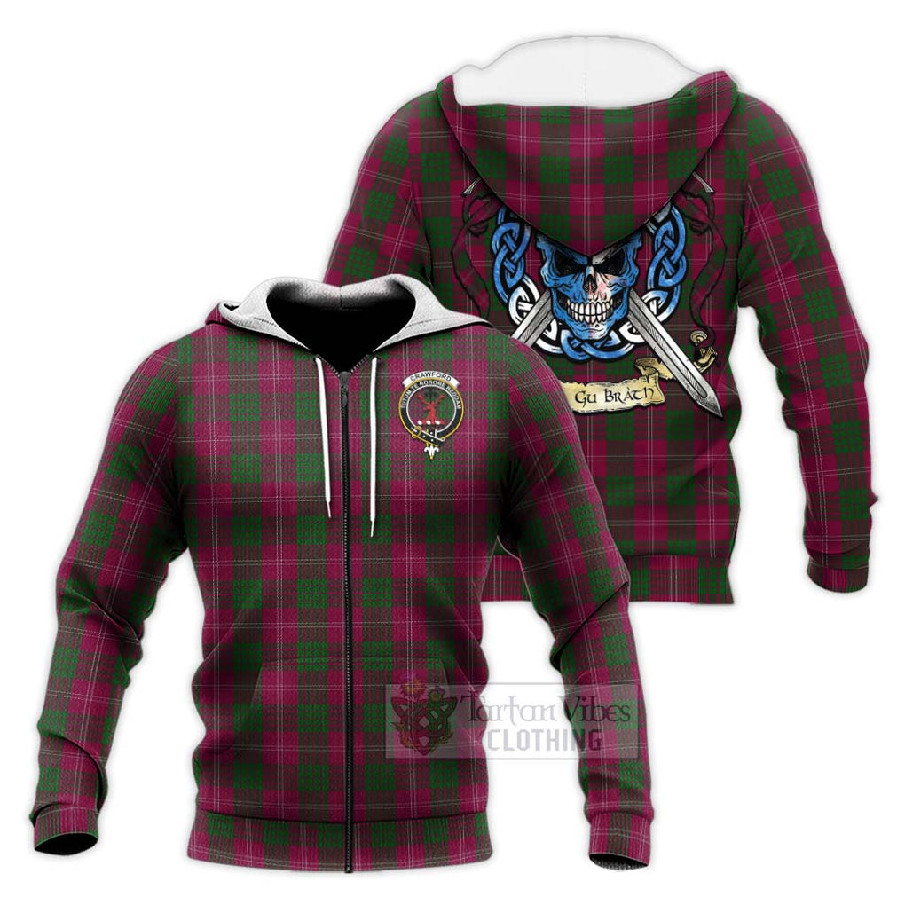 Tartan Vibes Clothing Crawford Tartan Knitted Hoodie with Family Crest Celtic Skull Style