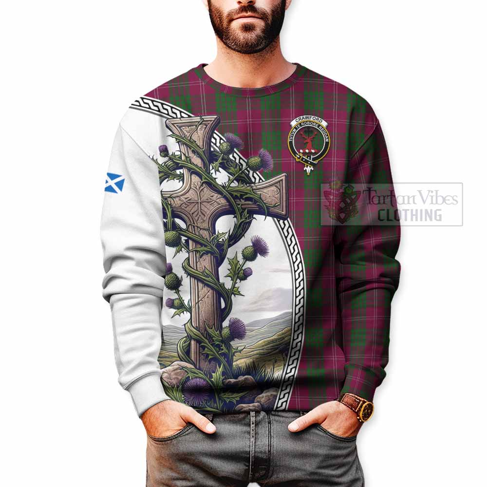 Tartan Vibes Clothing Crawford Tartan Sweatshirt with Family Crest and St. Andrew's Cross Accented by Thistle Vines