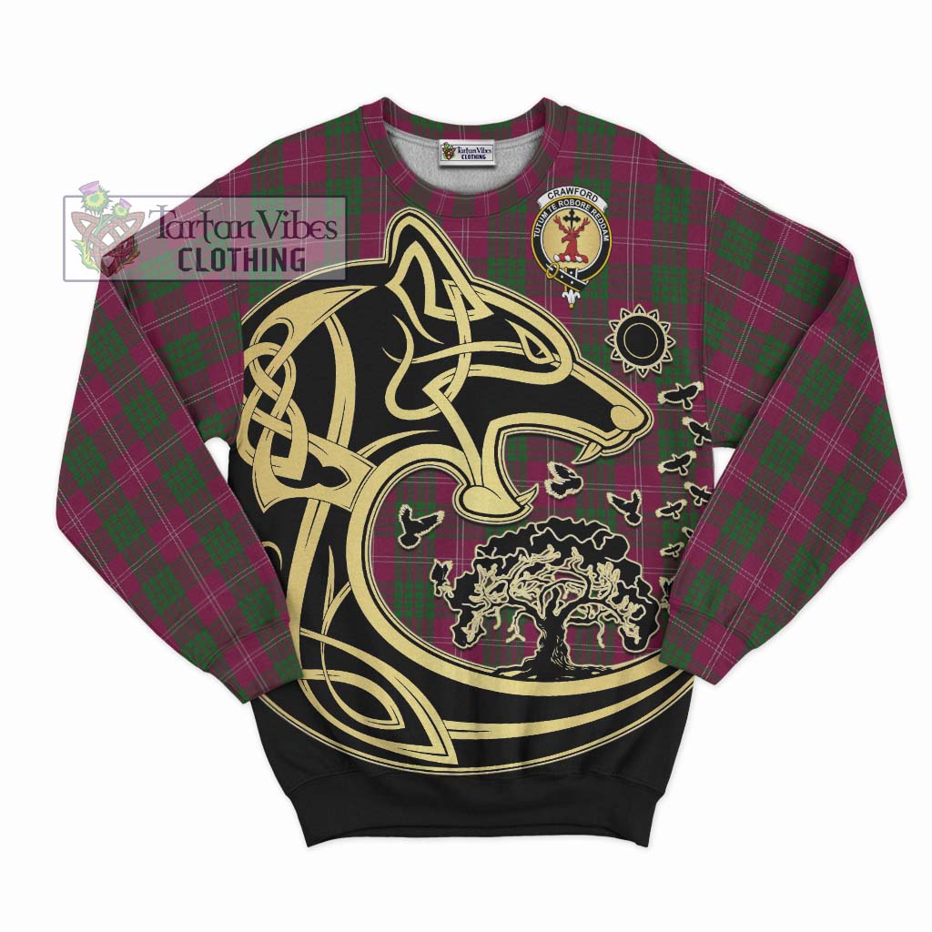 Tartan Vibes Clothing Crawford Tartan Sweatshirt with Family Crest Celtic Wolf Style