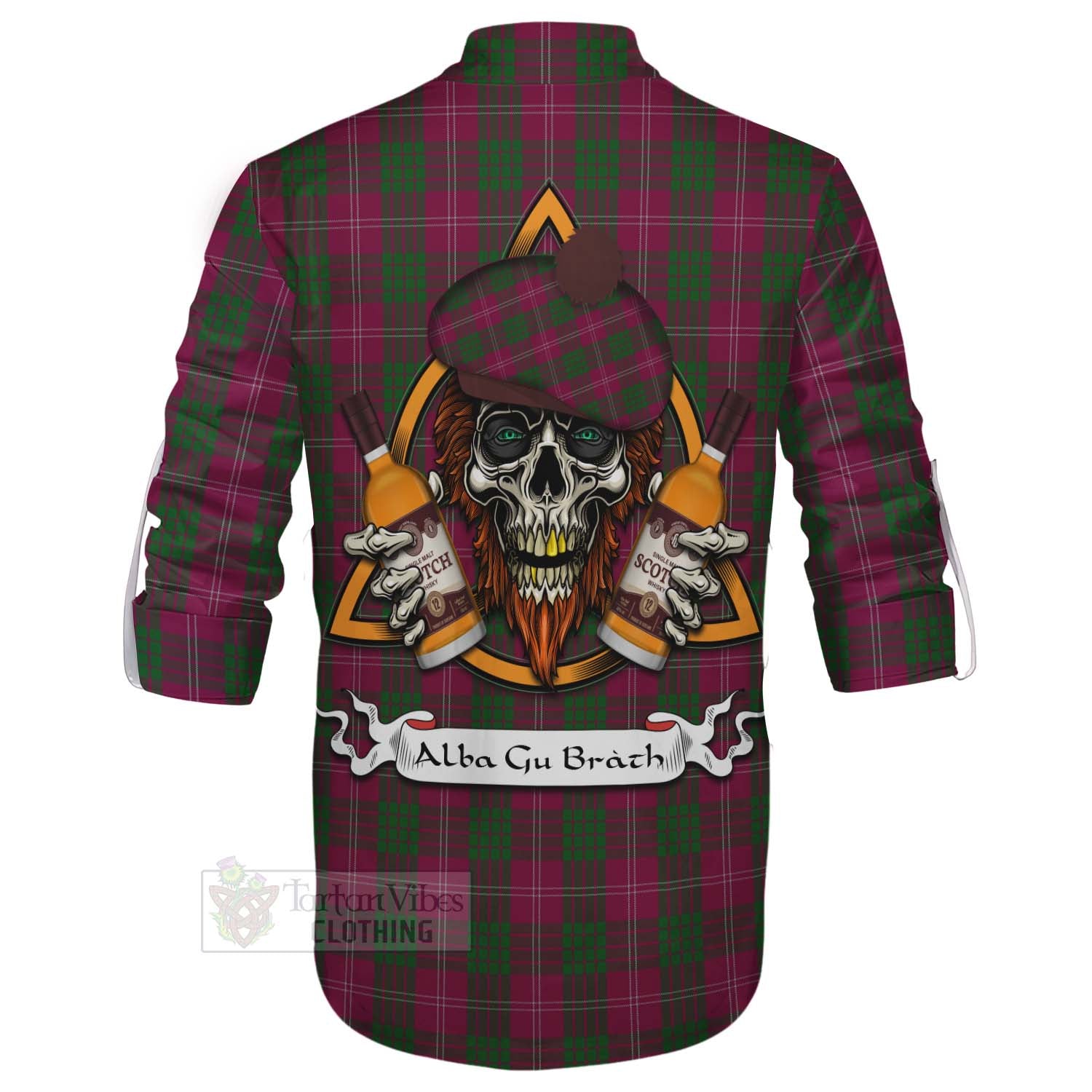 Tartan Vibes Clothing Crawford Tartan Ghillie Kilt Shirt with Family Crest and Bearded Skull Holding Bottles of Whiskey