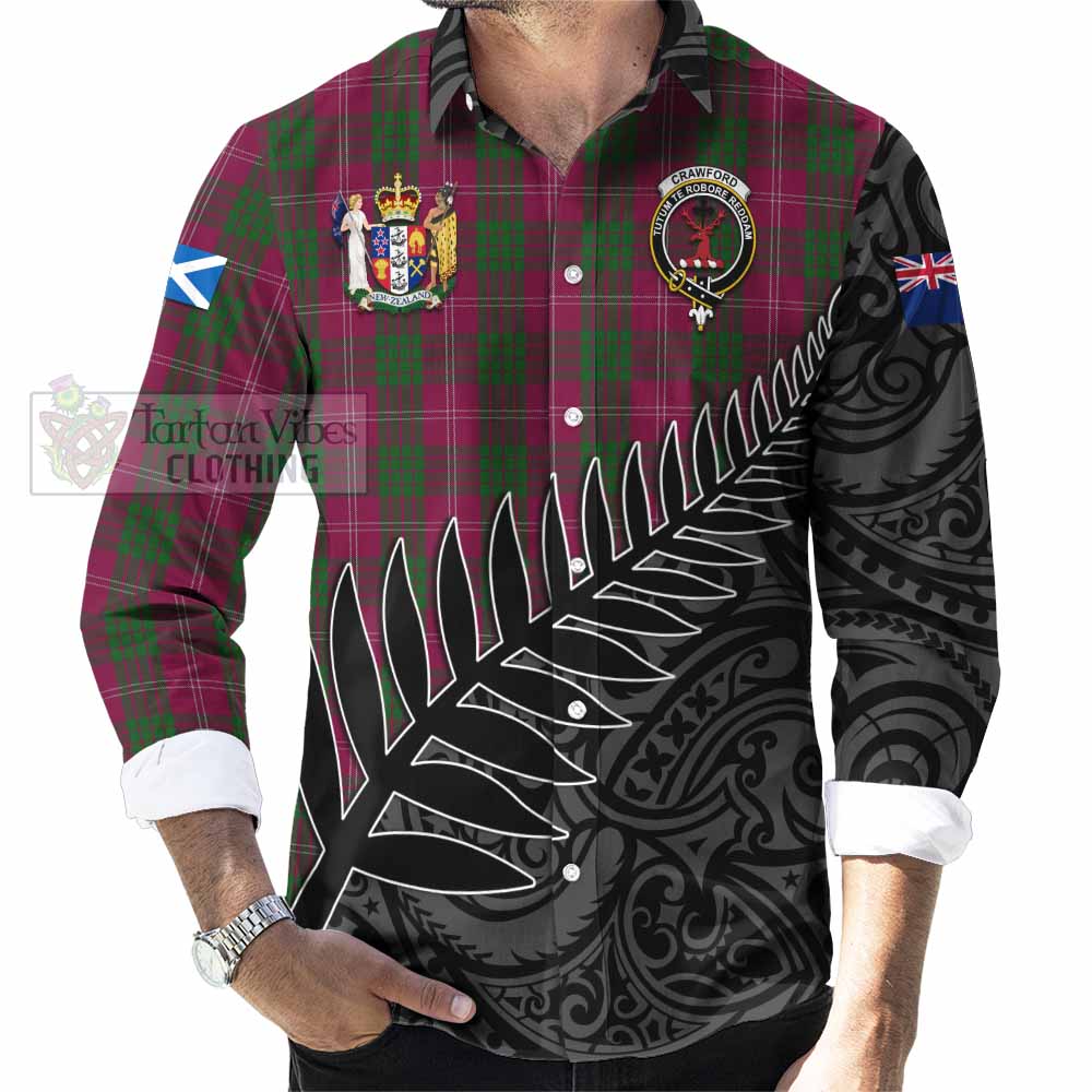 Tartan Vibes Clothing Crawford Crest Tartan Long Sleeve Button Shirt with New Zealand Silver Fern Half Style