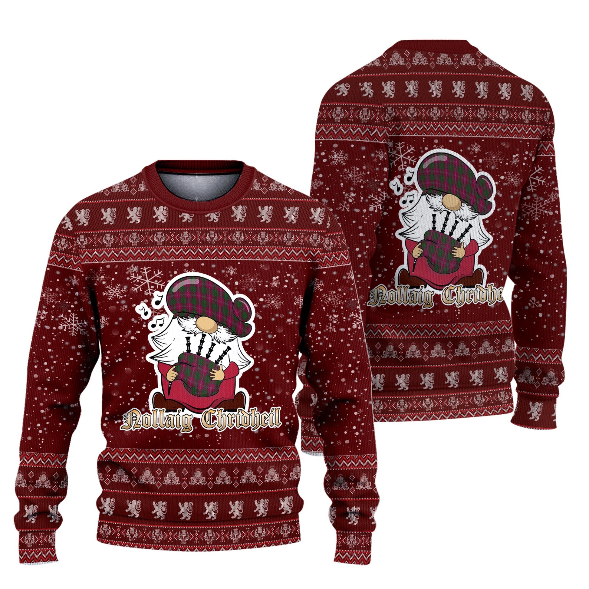 Crawford Clan Christmas Family Knitted Sweater with Funny Gnome Playing Bagpipes Unisex Red - Tartanvibesclothing