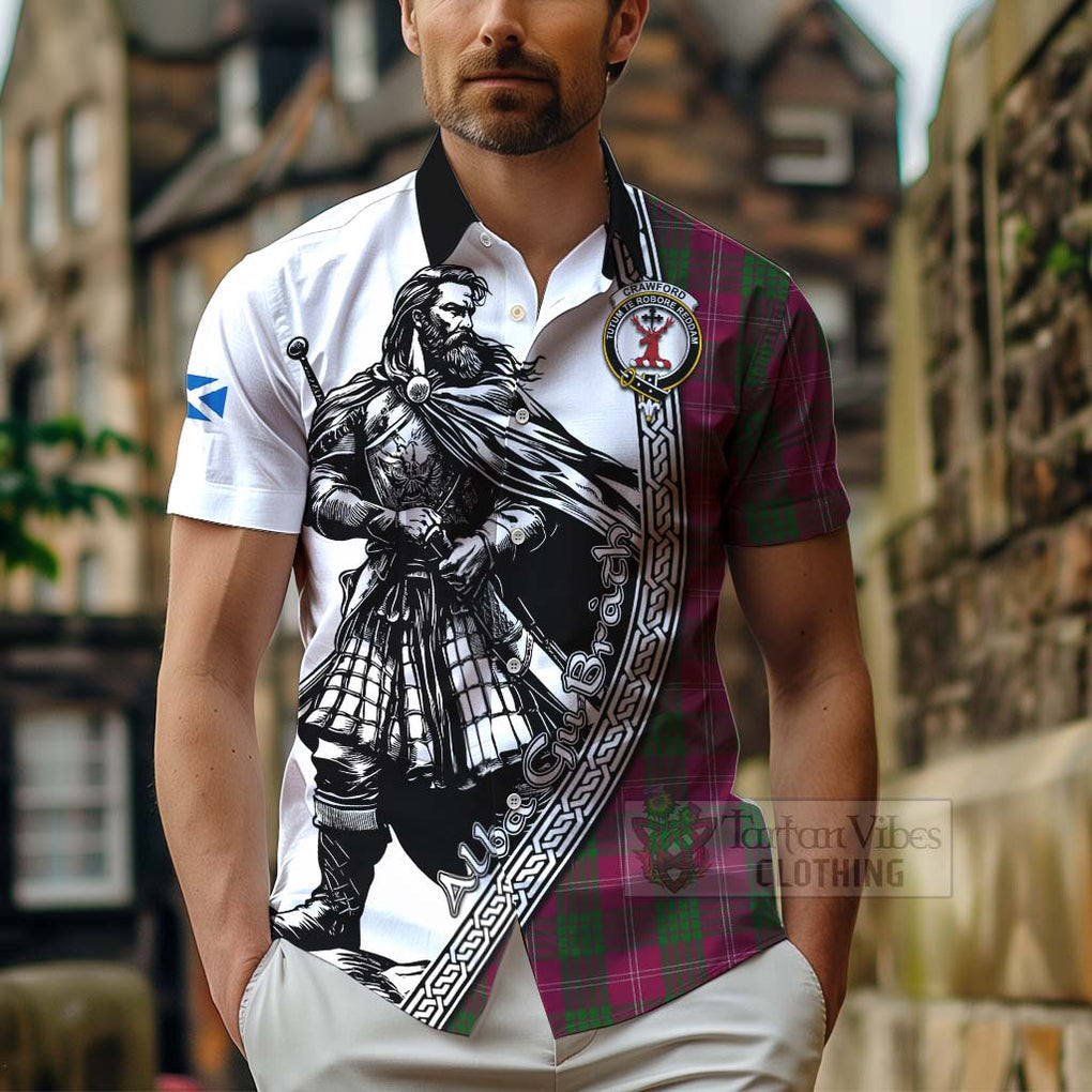 Tartan Vibes Clothing Crawford Tartan Clan Crest Short Sleeve Button Shirt with Highlander Warrior Celtic Style