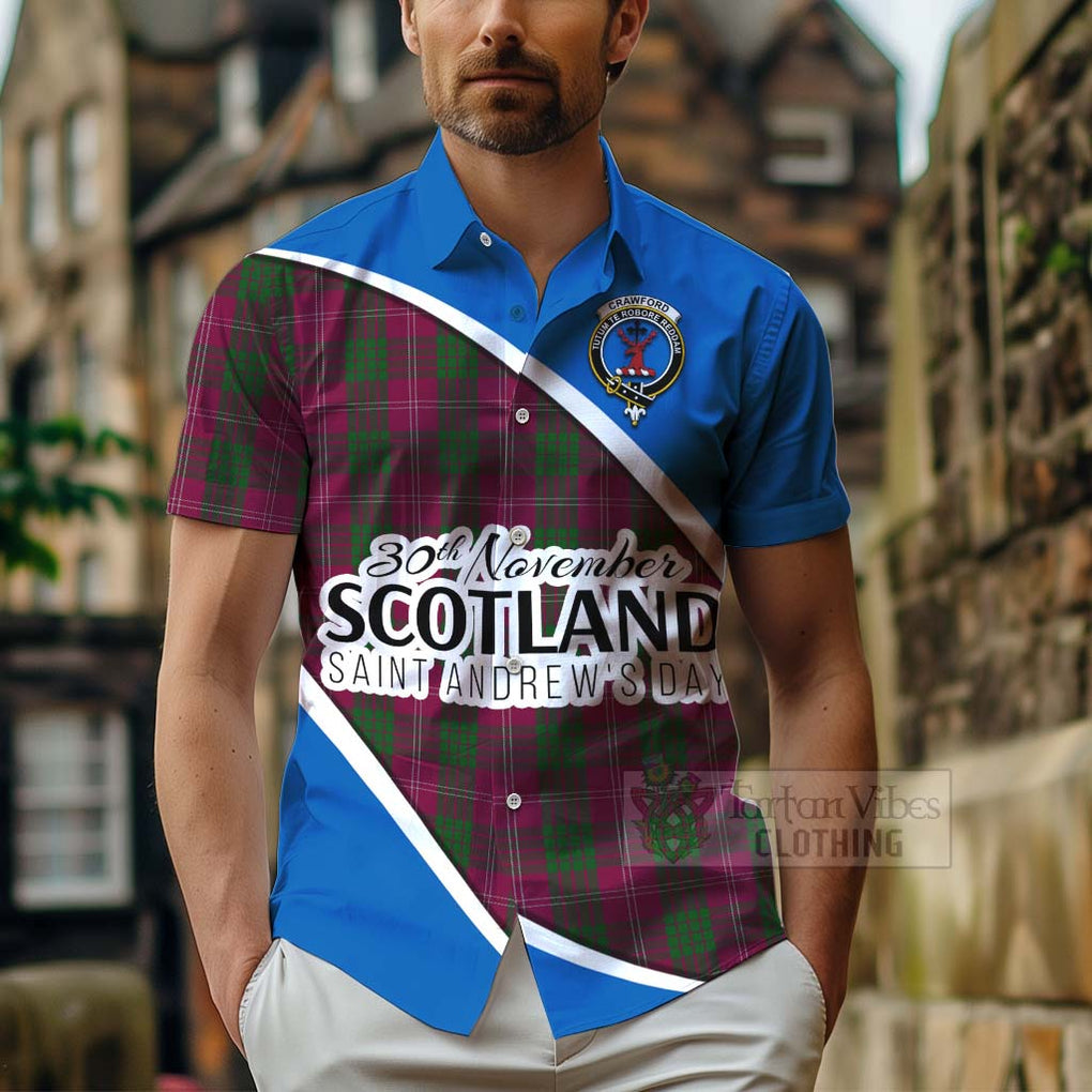 Tartan Vibes Clothing Crawford Family Crest Tartan Short Sleeve Button Shirt Celebrate Saint Andrew's Day in Style