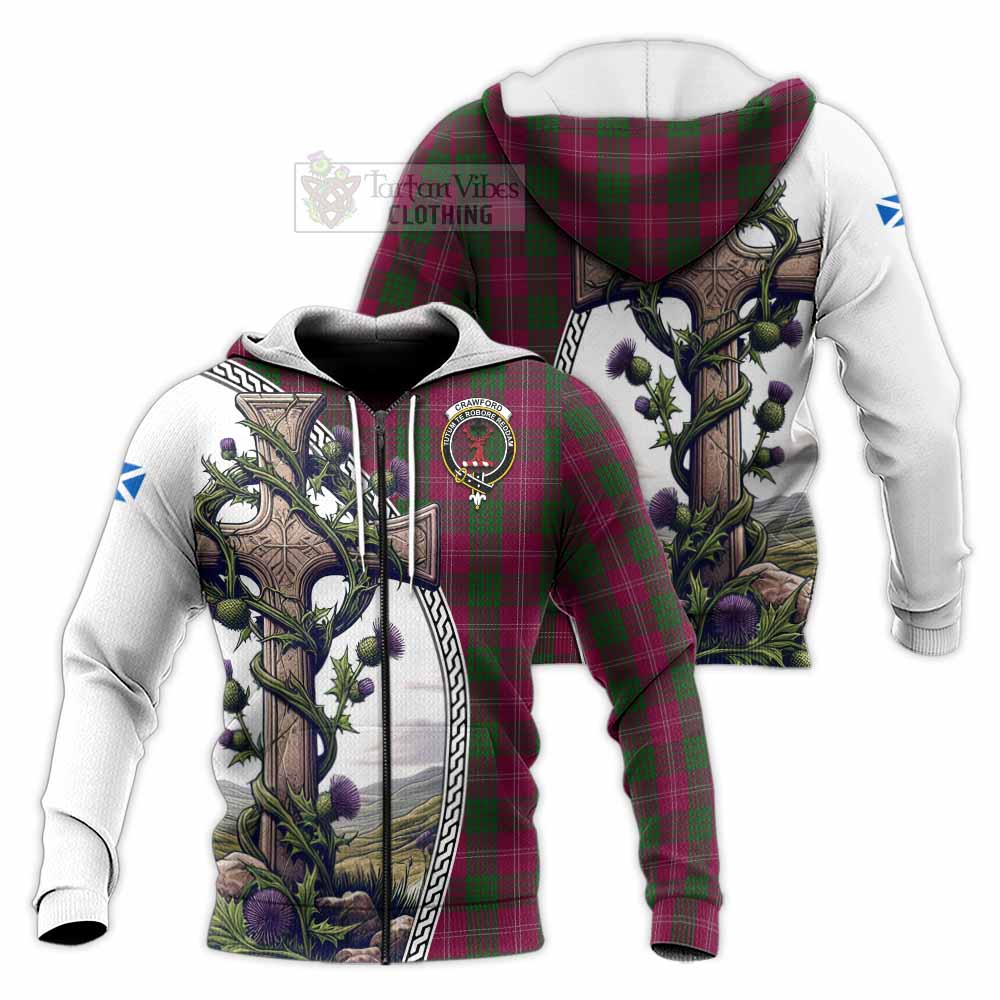 Tartan Vibes Clothing Crawford Tartan Knitted Hoodie with Family Crest and St. Andrew's Cross Accented by Thistle Vines