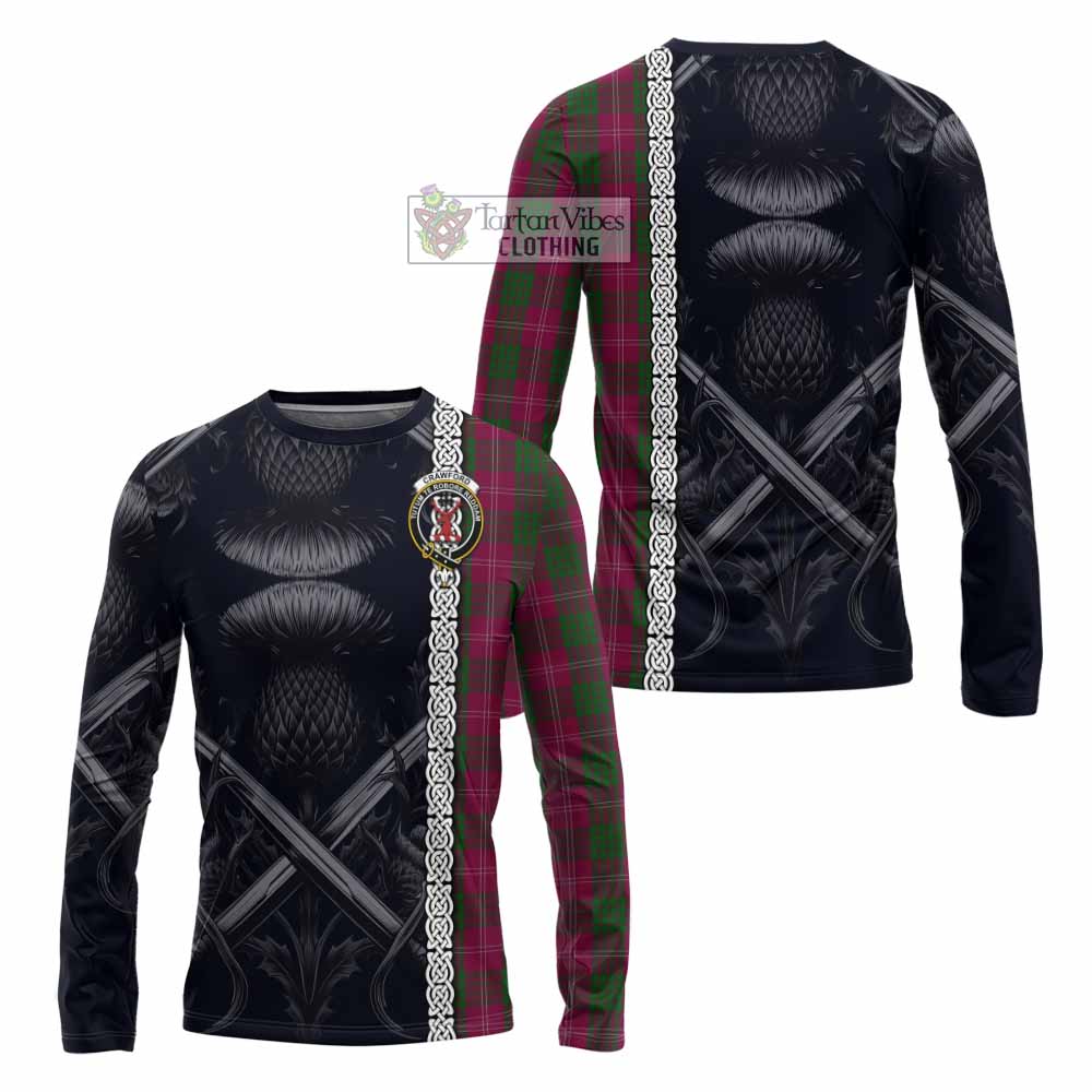 Tartan Vibes Clothing Crawford Tartan Long Sleeve T-Shirt with Family Crest Cross Sword Thistle Celtic Vibes