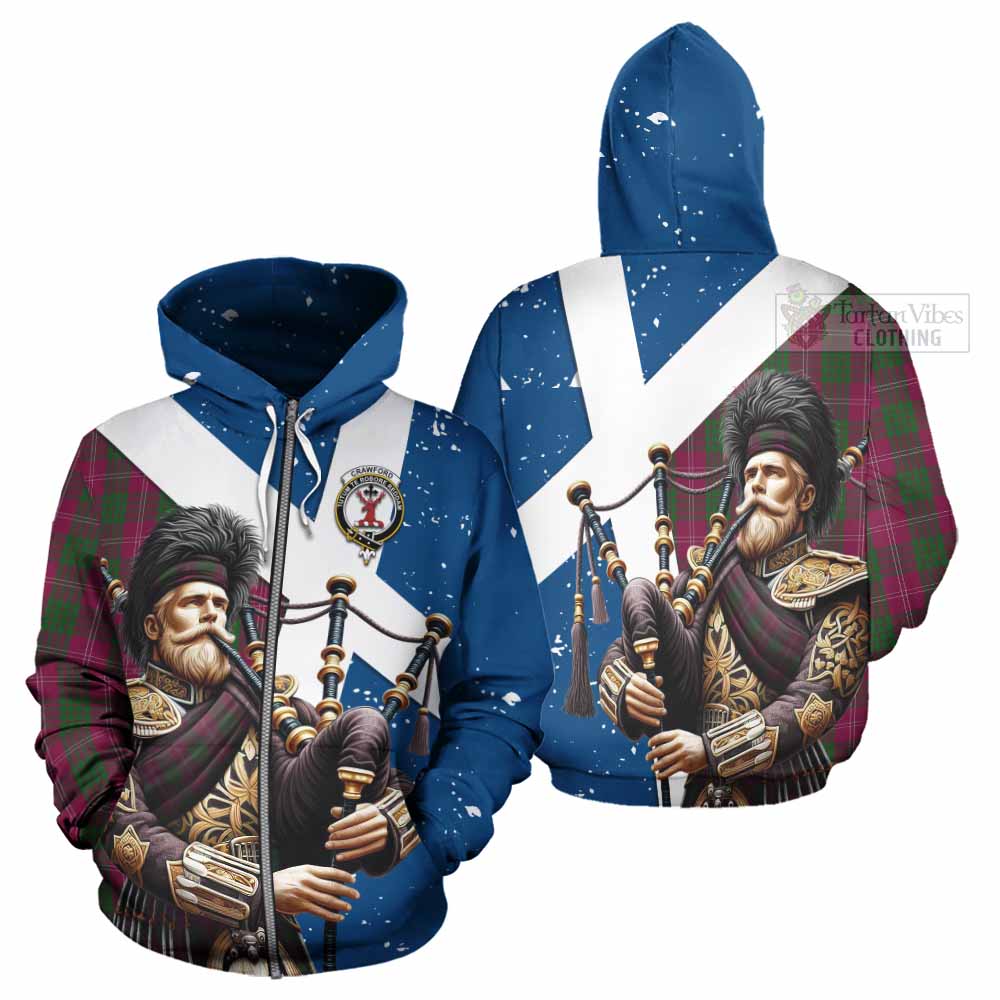 Tartan Vibes Clothing Crawford Tartan Hoodie with Family Crest Scottish Bagpiper Vibes