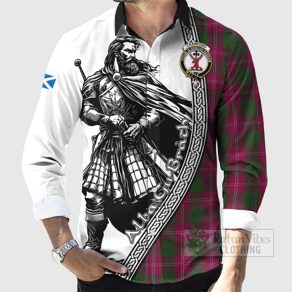 Tartan Vibes Clothing Crawford Tartan Clan Crest Long Sleeve Button Shirt with Highlander Warrior Celtic Style