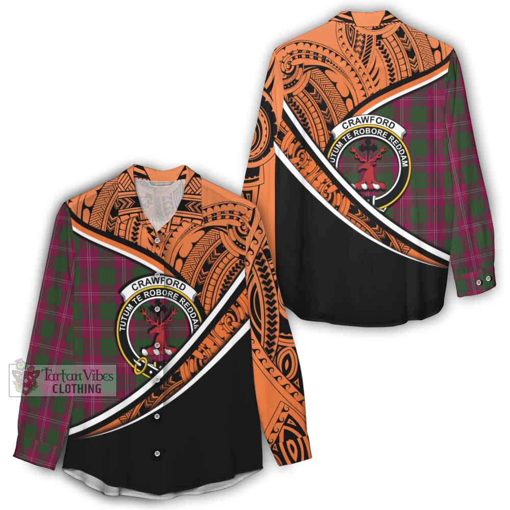 Tartan Vibes Clothing Crawford Crest Tartan Women's Casual Shirt with Maori Tattoo Style - Orange Version