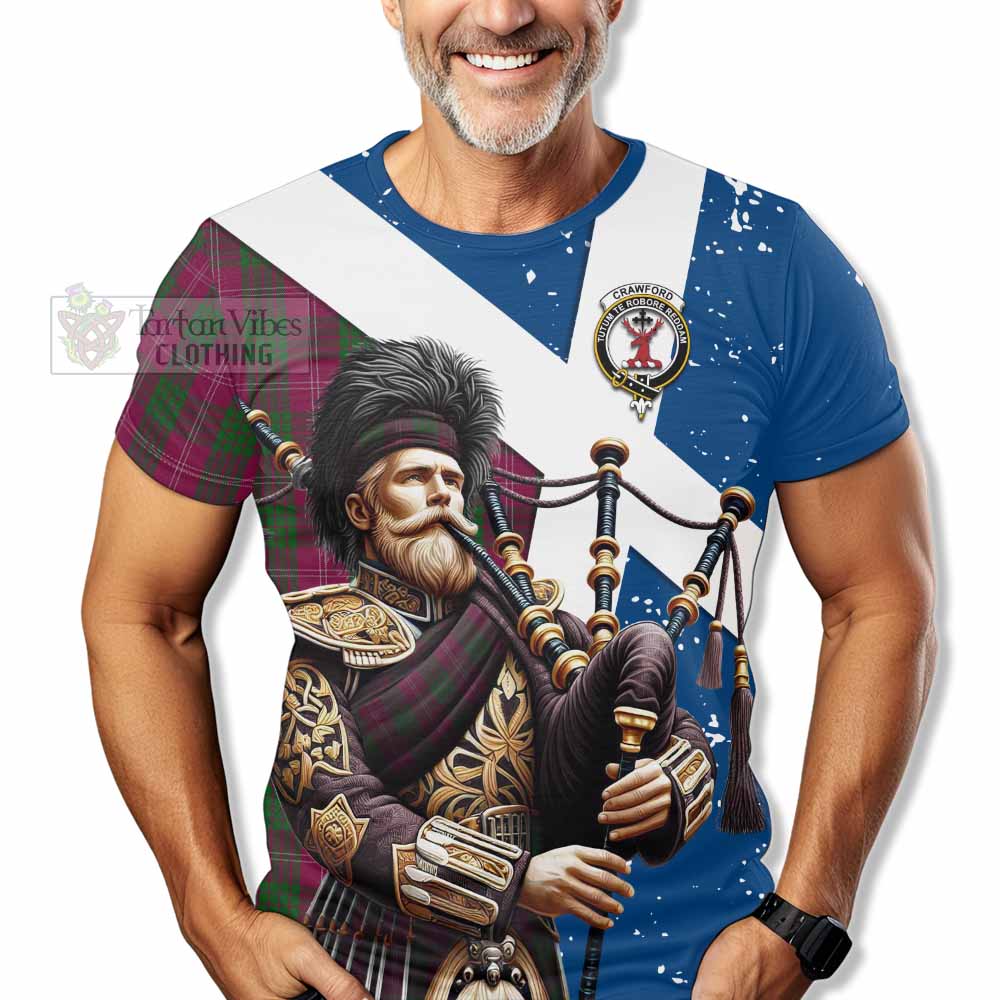 Tartan Vibes Clothing Crawford Tartan T-Shirt with Family Crest Scottish Bagpiper Vibes