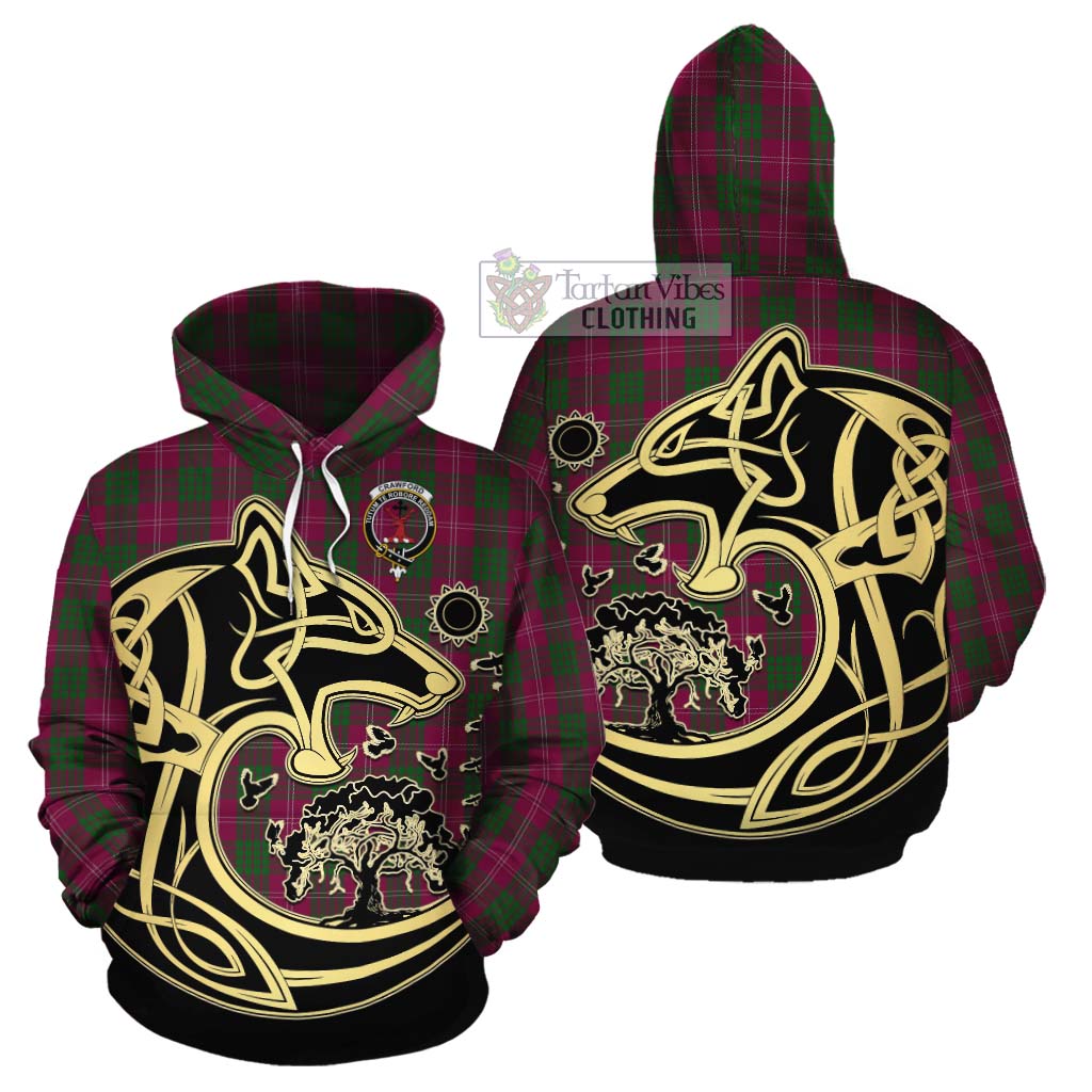 Tartan Vibes Clothing Crawford Tartan Cotton Hoodie with Family Crest Celtic Wolf Style