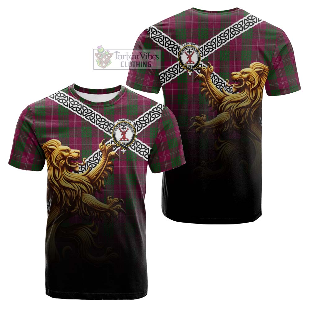 Crawford Crest Tartan Cotton T-shirt with Golden Lion Emblem Celtic Style - Tartan Vibes Clothing