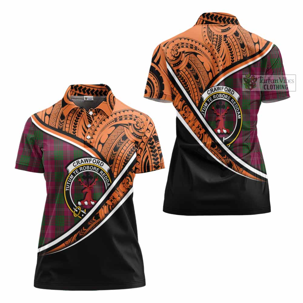 Tartan Vibes Clothing Crawford Crest Tartan Women's Polo Shirt with Maori Tattoo Style - Orange Version