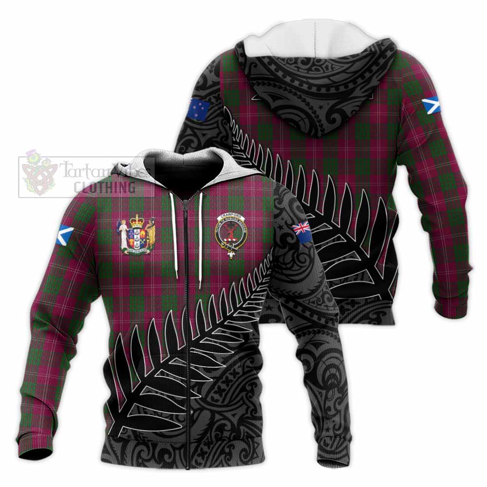 Tartan Vibes Clothing Crawford Crest Tartan Knitted Hoodie with New Zealand Silver Fern Half Style