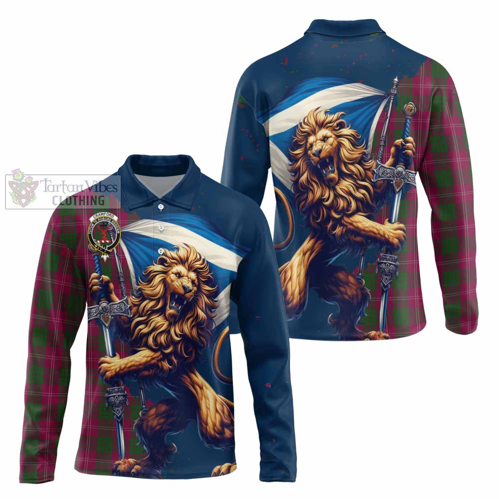 Tartan Vibes Clothing Crawford Tartan Family Crest Long Sleeve Polo Shirt with Scottish Majestic Lion