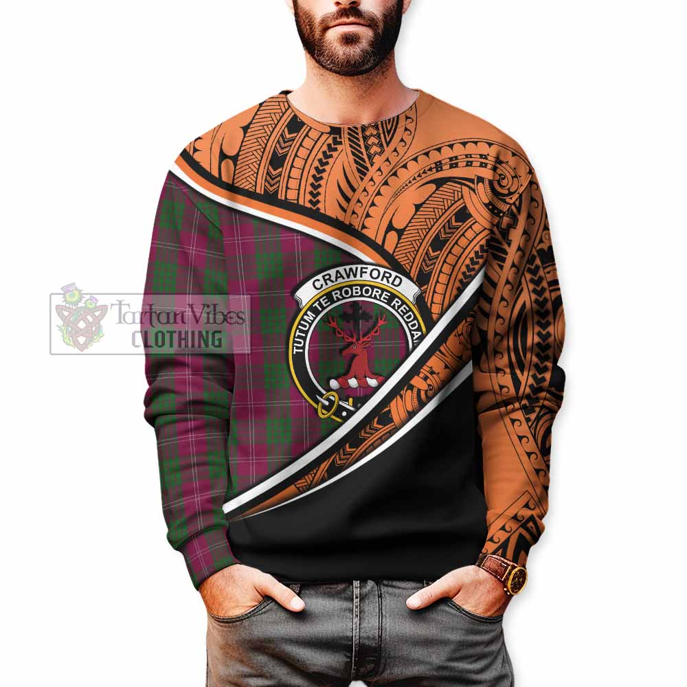 Tartan Vibes Clothing Crawford Crest Tartan Sweatshirt with Maori Tattoo Style - Orange Version