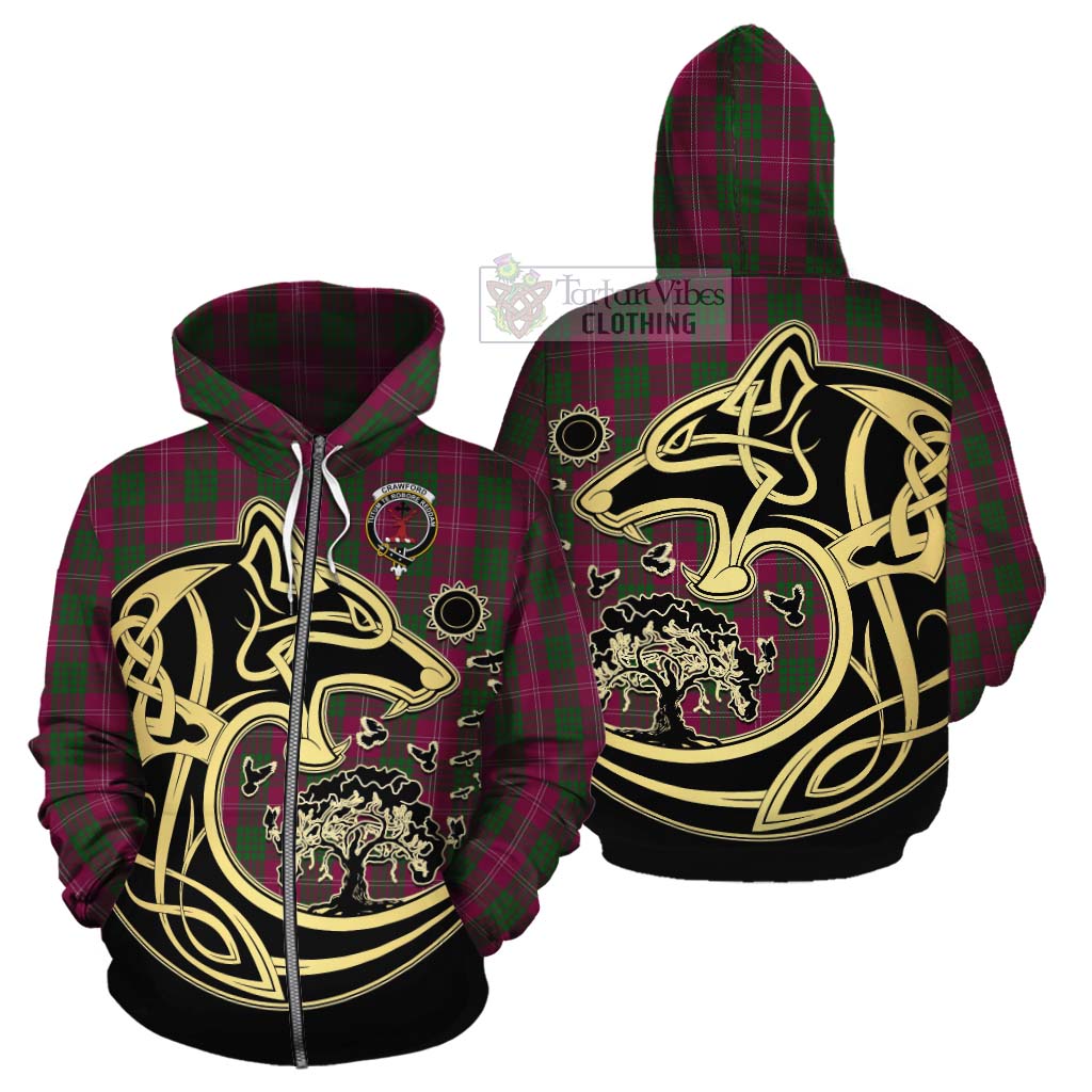 Tartan Vibes Clothing Crawford Tartan Cotton Hoodie with Family Crest Celtic Wolf Style