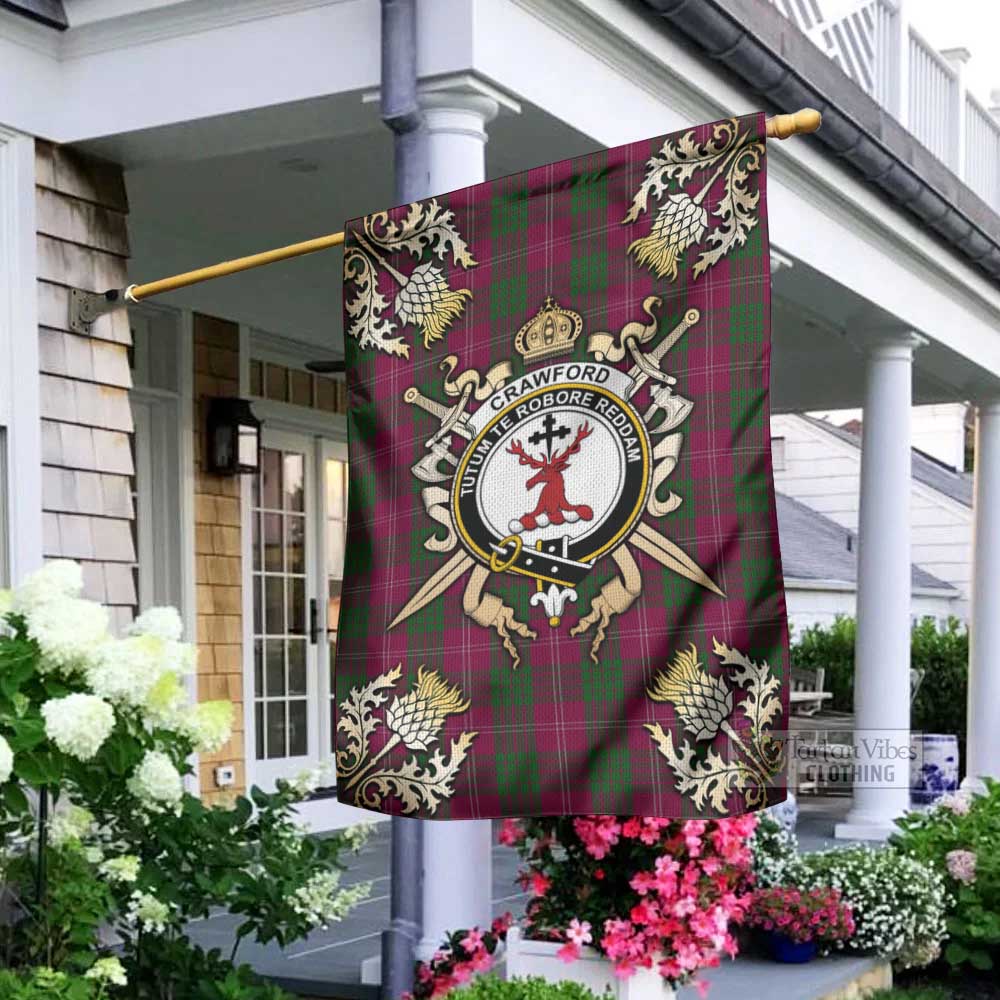 Tartan Vibes Clothing Crawford Tartan Flag with Family Crest and Golden Thistle Crossed Sword Design