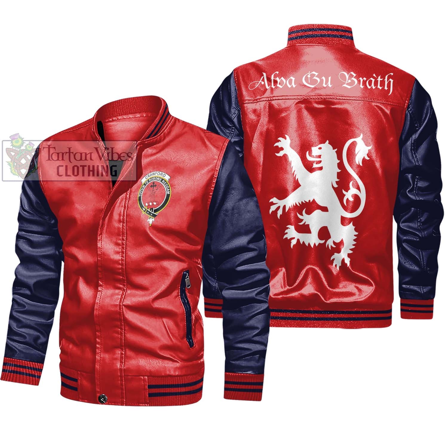 Tartan Vibes Clothing Crawford Family Crest Leather Bomber Jacket Lion Rampant Alba Gu Brath Style