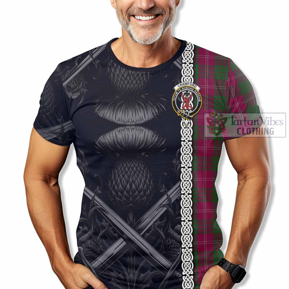 Tartan Vibes Clothing Crawford Tartan T-Shirt with Family Crest Cross Sword Thistle Celtic Vibes