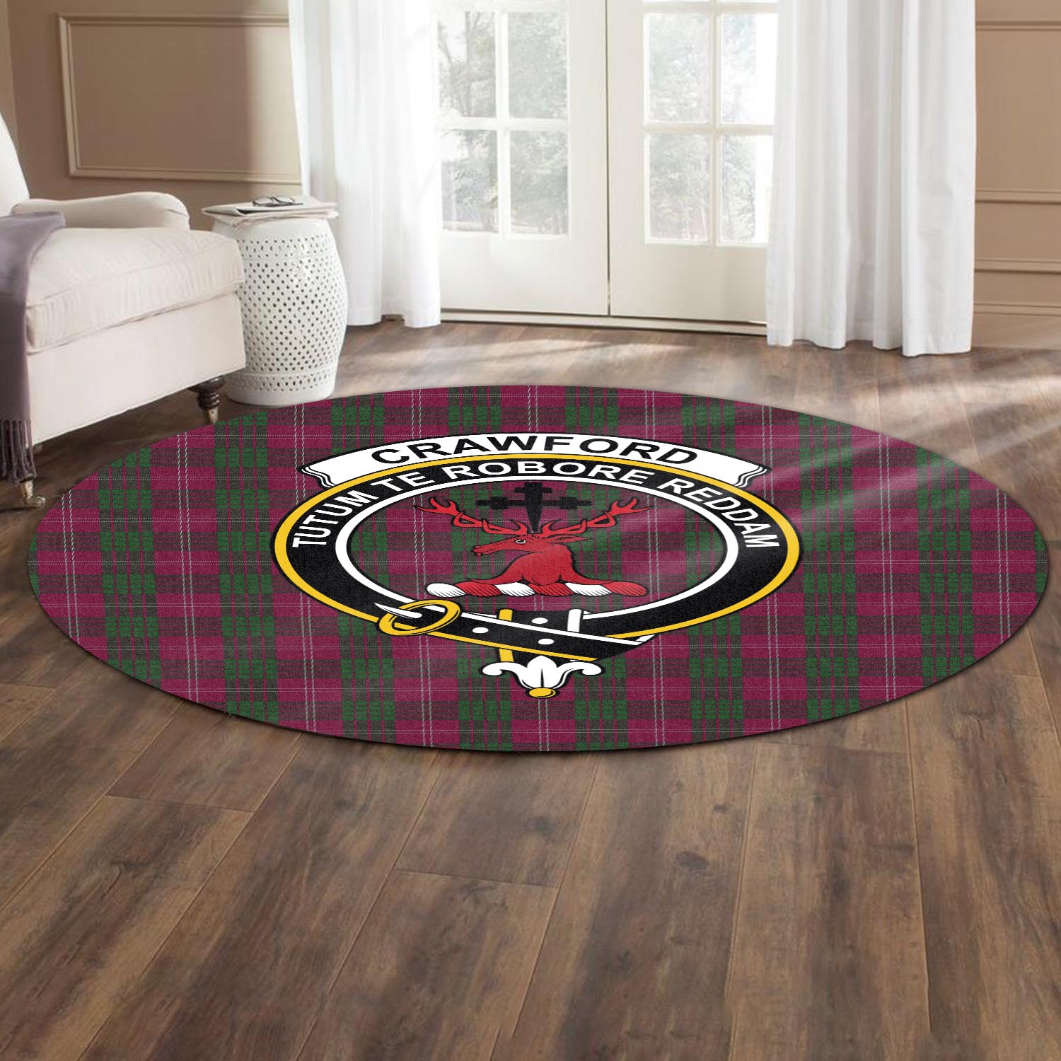 Crawford Tartan Round Rug with Family Crest - Tartanvibesclothing