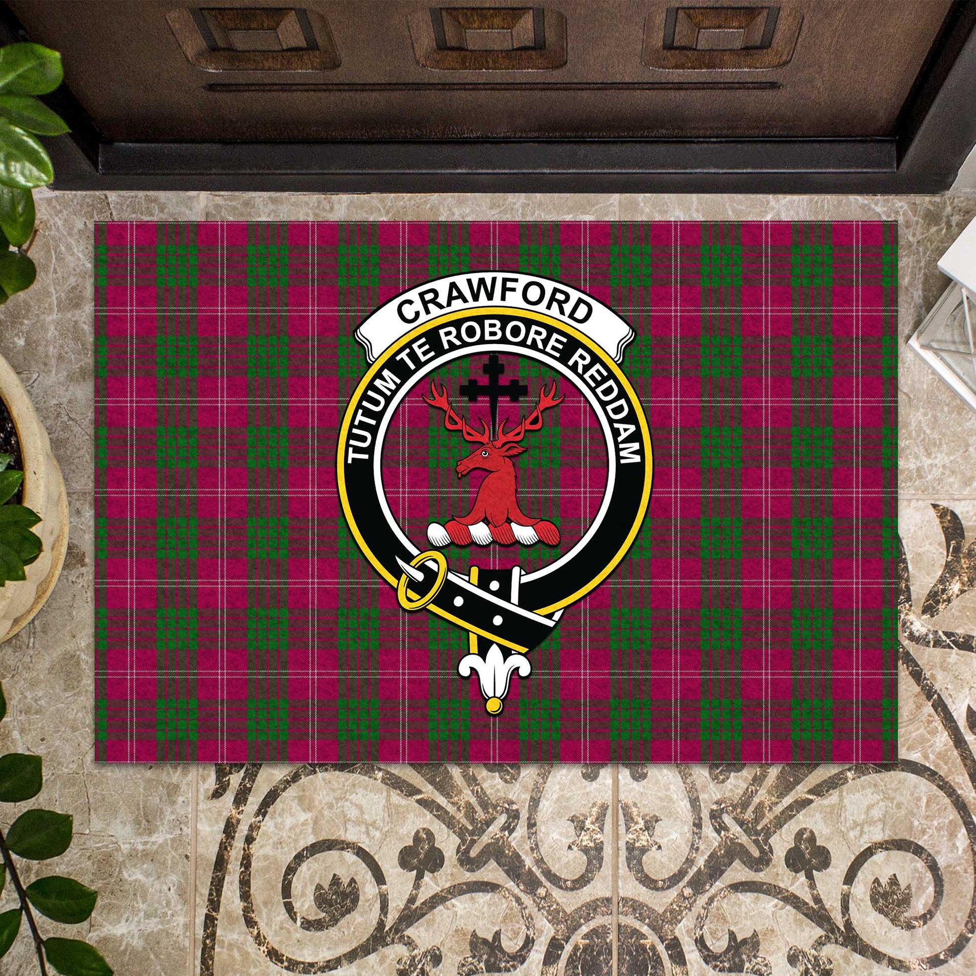 Crawford Tartan Door Mat with Family Crest - Tartanvibesclothing