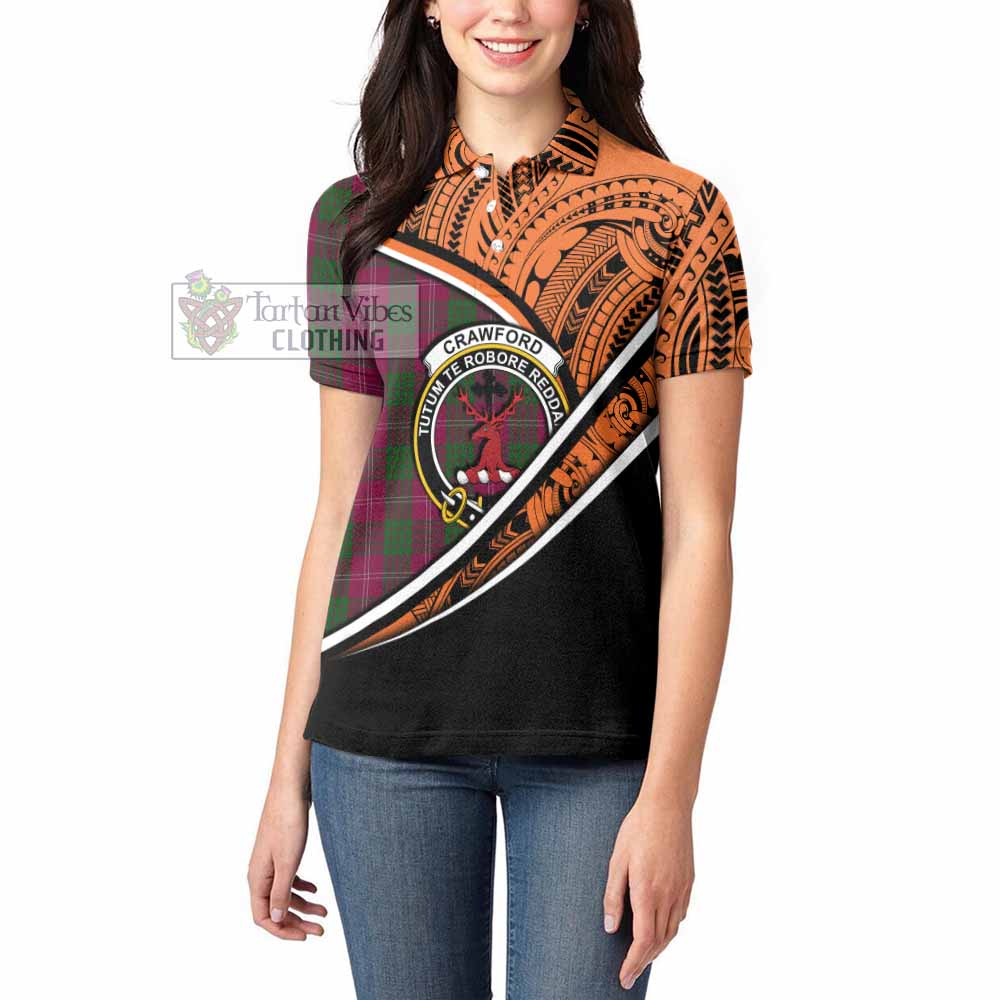 Tartan Vibes Clothing Crawford Crest Tartan Women's Polo Shirt with Maori Tattoo Style - Orange Version