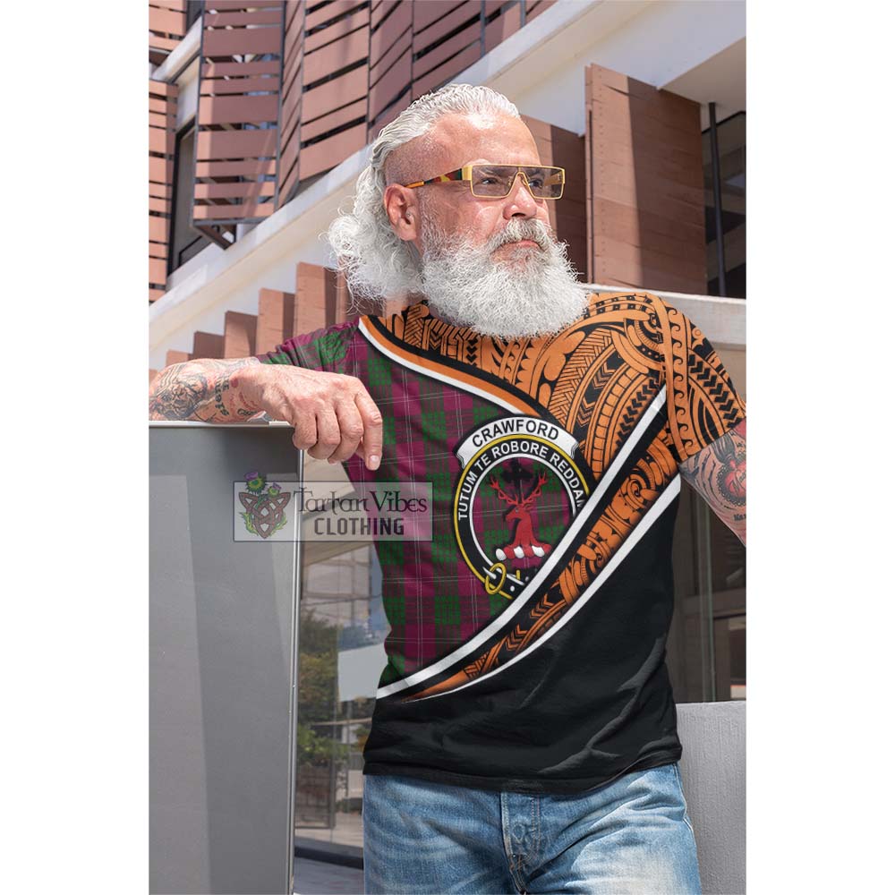 Tartan Vibes Clothing Crawford Crest Tartan Cotton T-shirt with Maori Tattoo Style - Orange Version