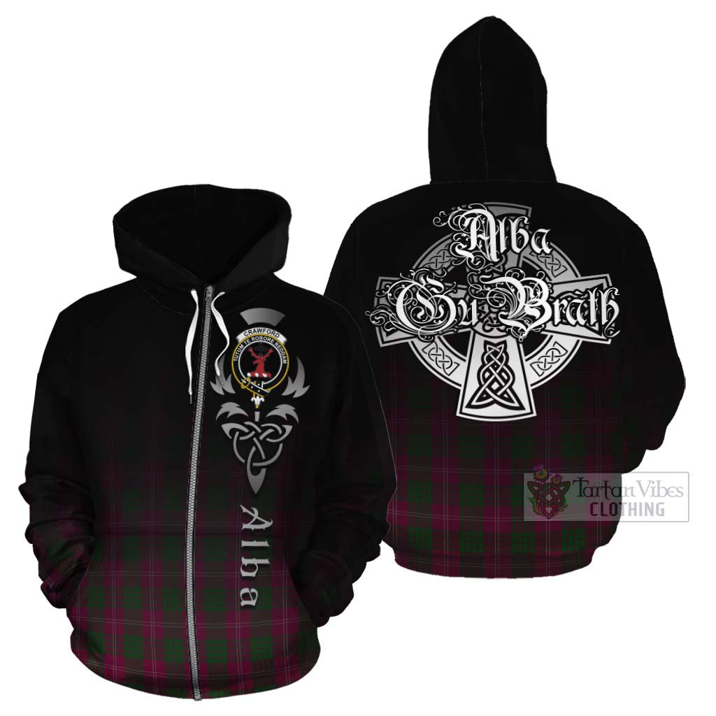 Tartan Vibes Clothing Crawford Tartan Cotton Hoodie Featuring Alba Gu Brath Family Crest Celtic Inspired