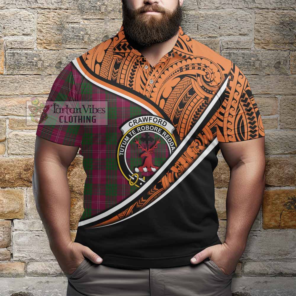 Tartan Vibes Clothing Crawford Crest Tartan Polo Shirt with Maori Tattoo Style - Orange Version