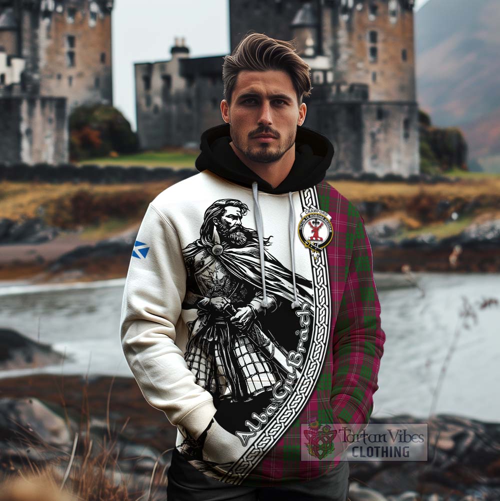 Tartan Vibes Clothing Crawford Tartan Clan Crest Cotton Hoodie with Highlander Warrior Celtic Style