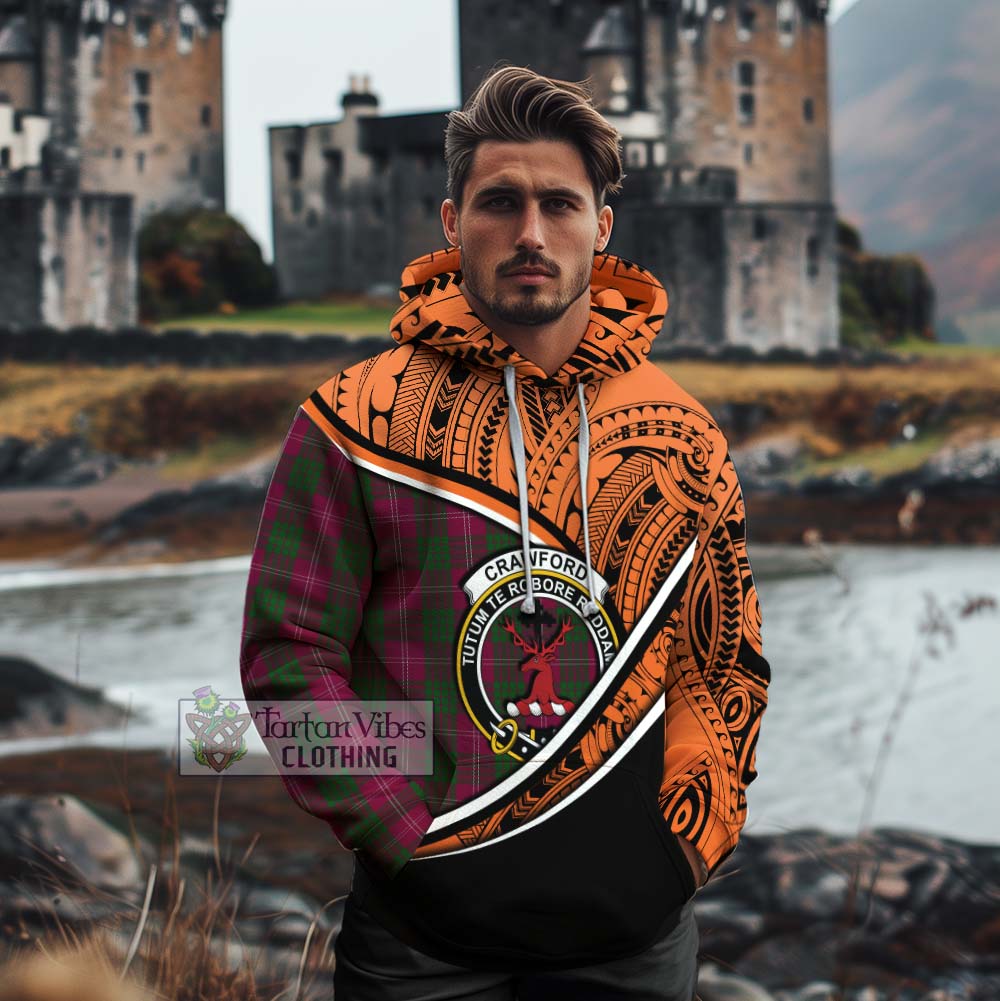 Tartan Vibes Clothing Crawford Crest Tartan Cotton Hoodie with Maori Tattoo Style - Orange Version